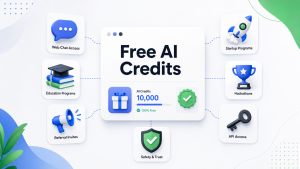 Illustration of legitimate free AI credit methods, including chat access, API credits, education offers, startup programs, hackathons, and safety checks.
